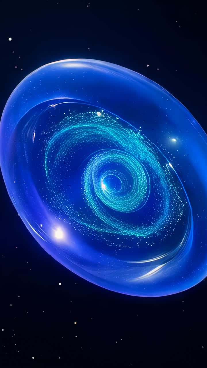 Video verticale: disco blu rotante che si inclina mentre la camera zooma, rivelando una spirale turchese nello spazio