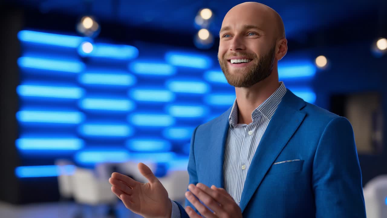 A confident man in a blue suit shares his thoughts in a modern studio, showcasing a warm and engaging expression while gesturing with his hands under cool blue lighting for an inspiring conversation