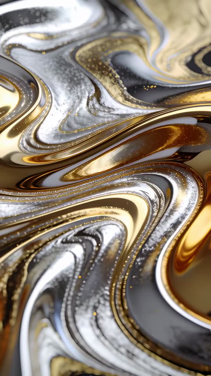Video verticale: Marmorizzazione scintillante oro e argento che reagisce alla luce dello studio in macro, con brillantini