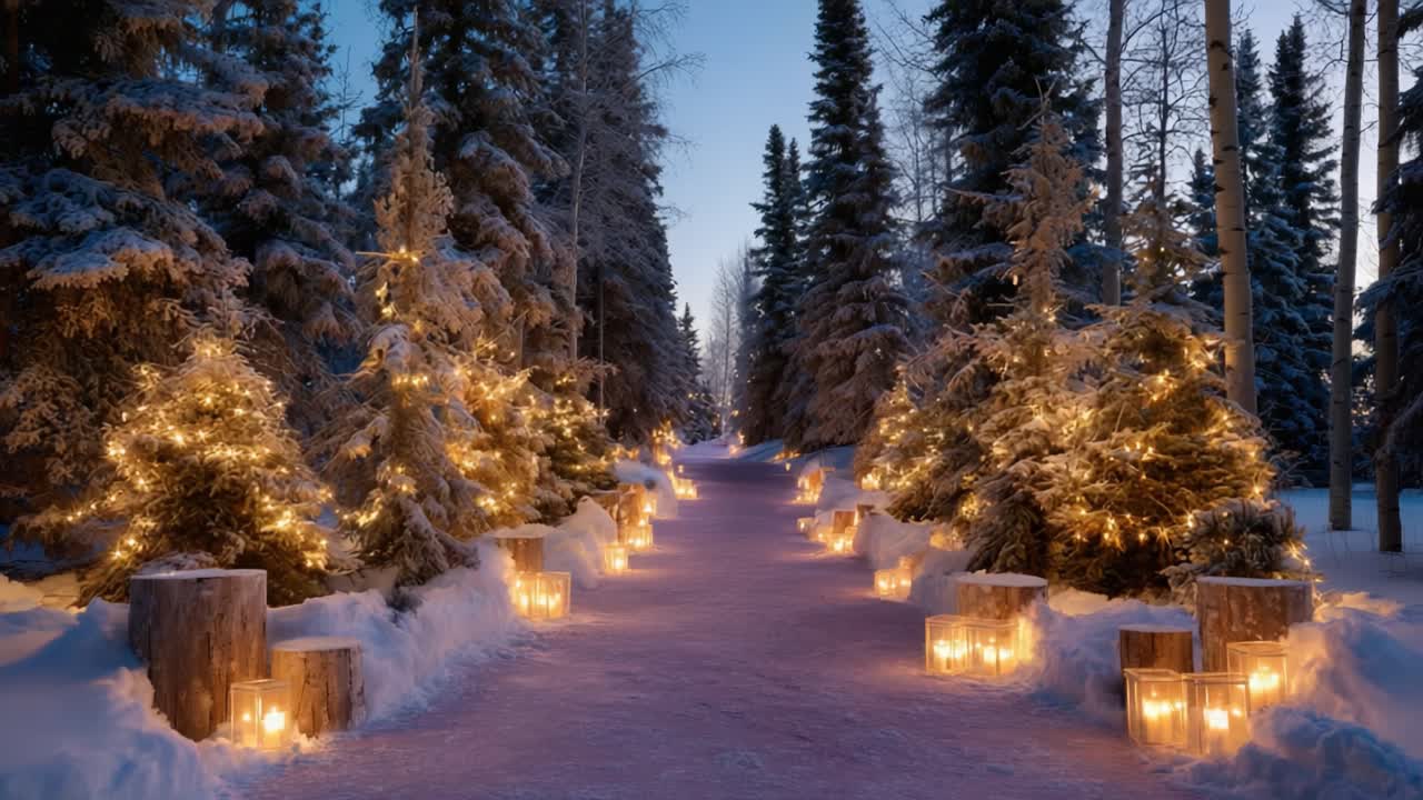A Magical Winter Pathway Illuminated by Warm Candlelight Surrounded by Snowy Trees and Twinkling Lights, Creating a Mystical Atmosphere in the Heart of Winter