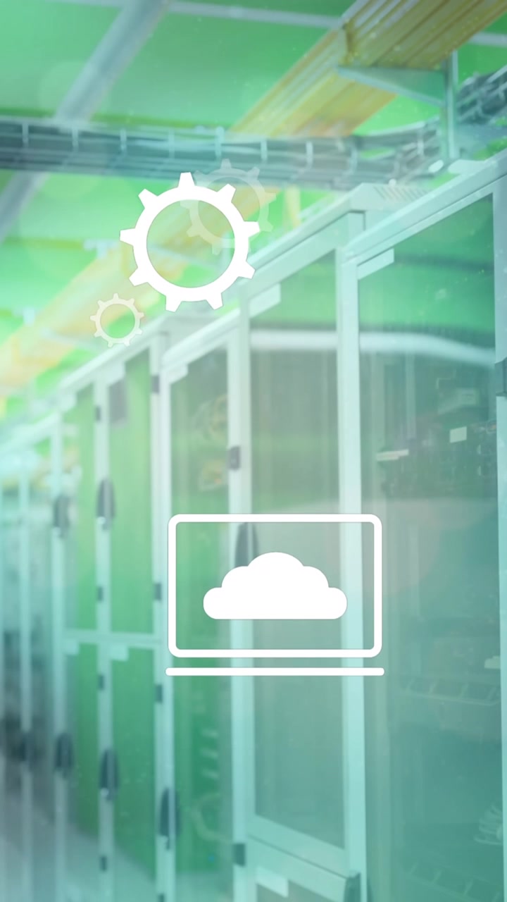 Animation of multiple digital icons and light spots against computer server room