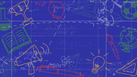 Animación-De-Procesamiento-De-Datos-Matemáticos-E-Iconos-Sobre-Fondo-Azul.