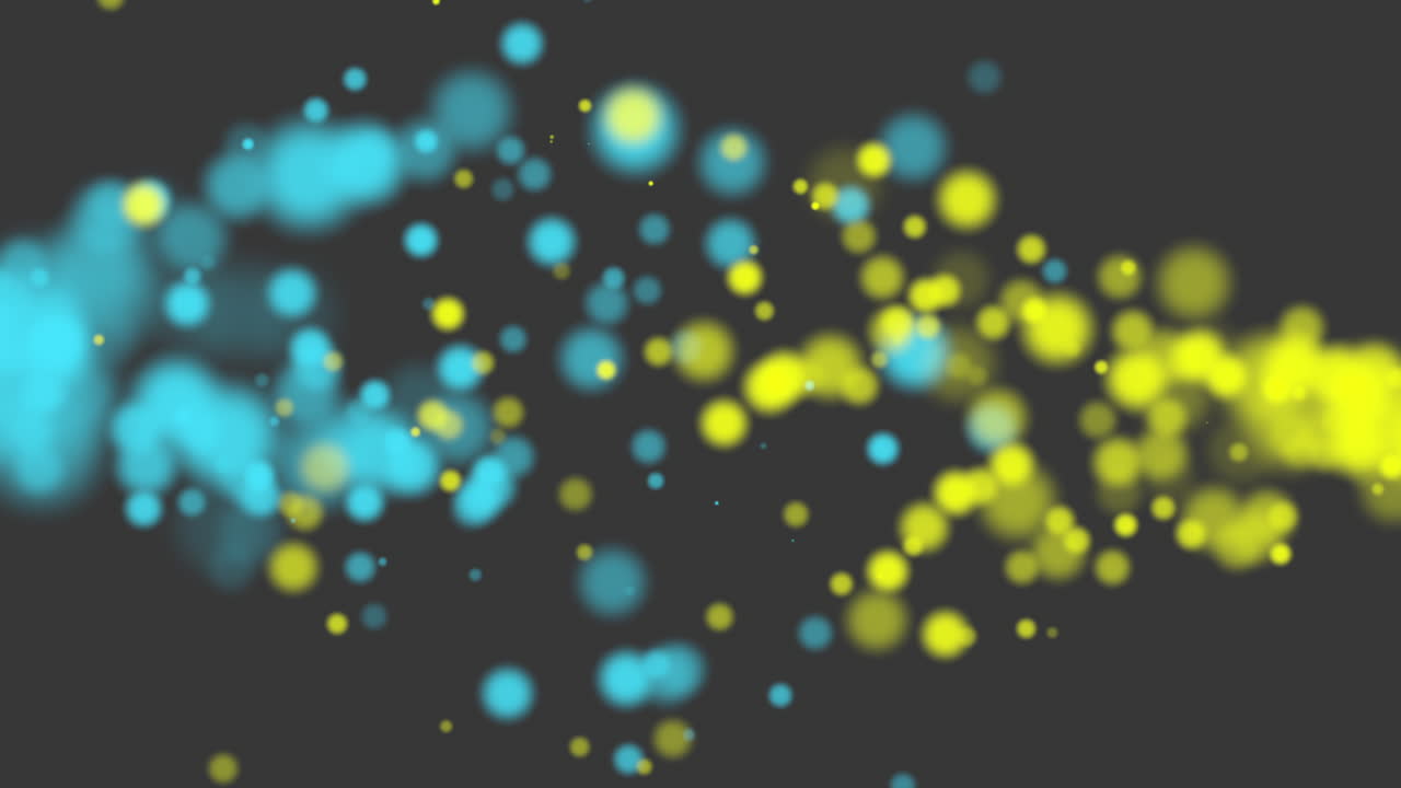 Fliegende Animation: abstraktes blaues und gelbes Bokeh und Partikel