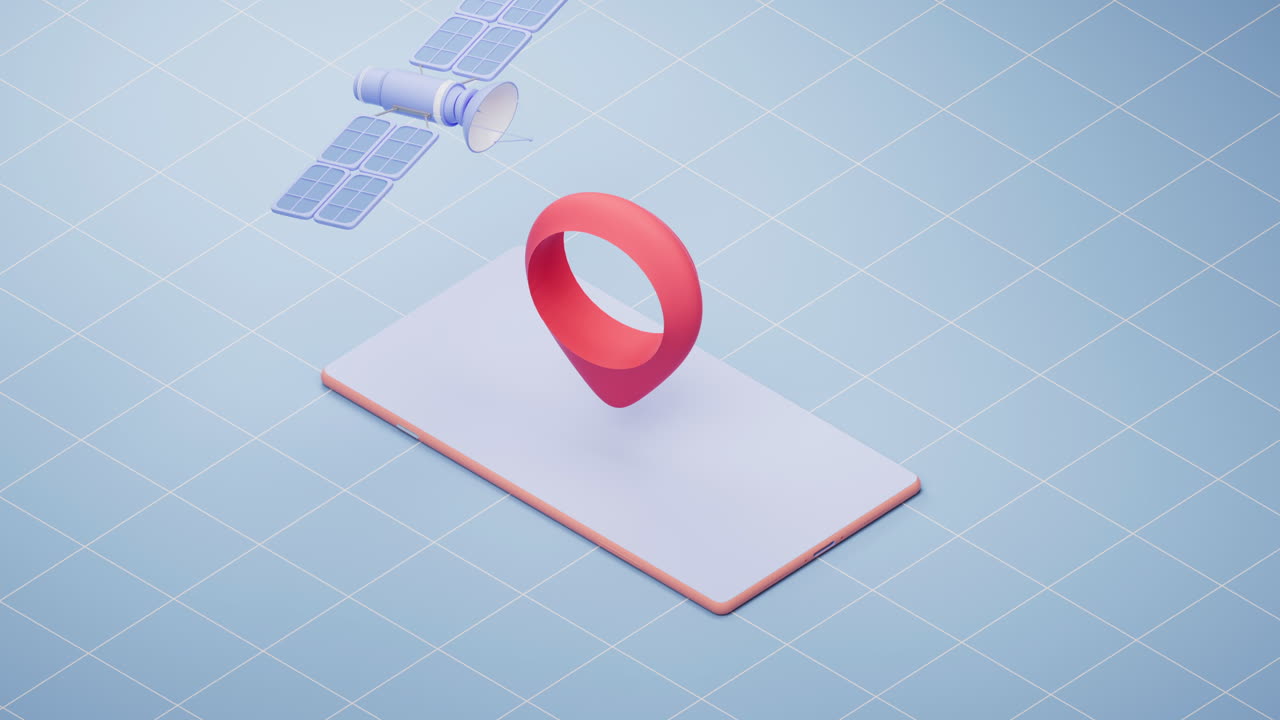animación en bucle de la marca de ubicación con satélite, renderización en 3d.