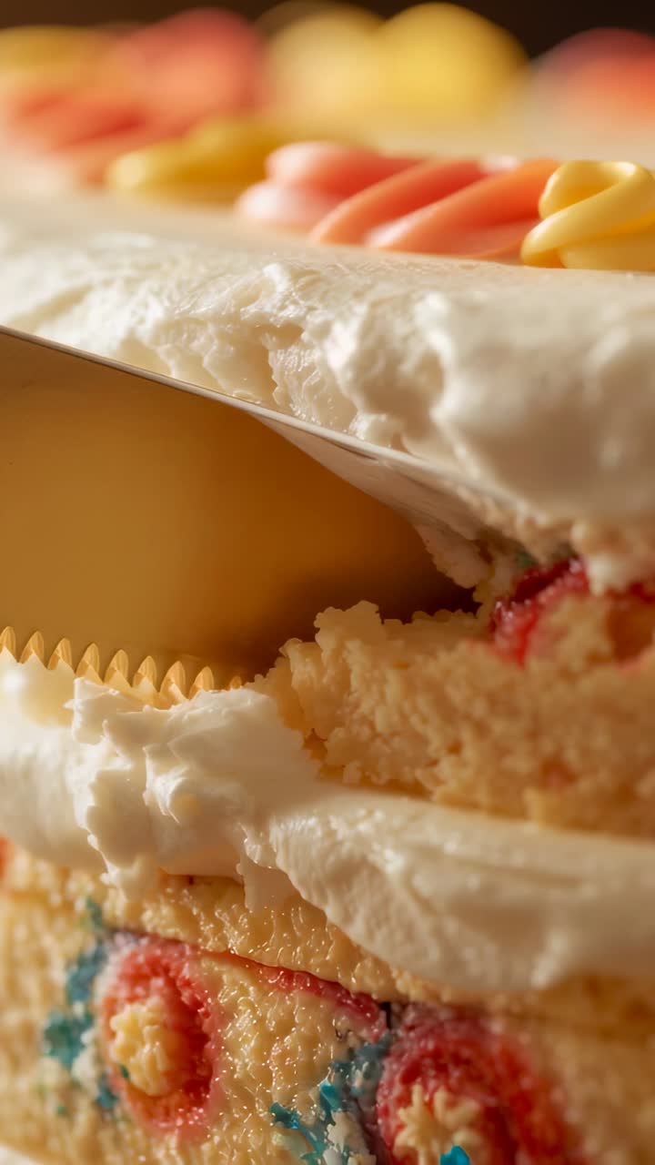 Vertical video: Inserting gold server slicing cake on table revealing red filling to serve
