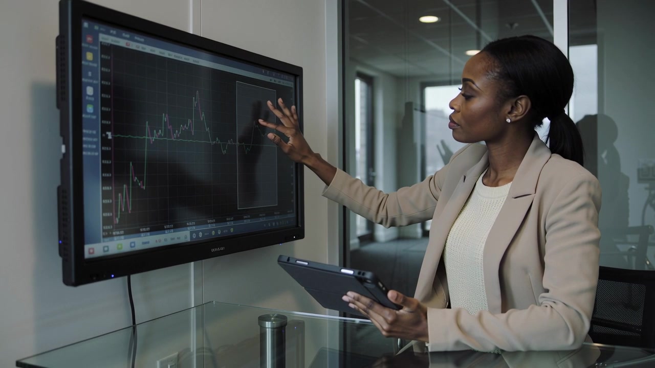 Professional Businesswoman Analyzing Financial Stock Market Data on Large Screen