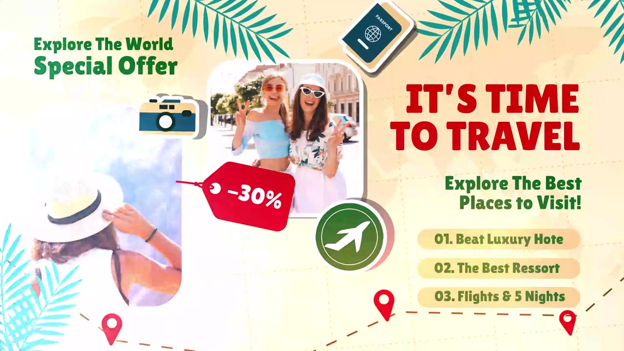 Dünya Haritası, Tatil Simgeleri ve Özel Teklif içeren Animasyonlu Seyahat Promosyonu.