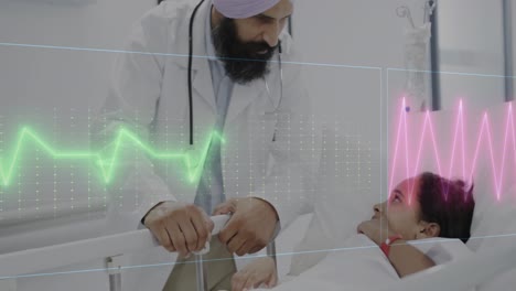 Animation-of-data-processing-over-asian-male-doctor-with-girl-patient