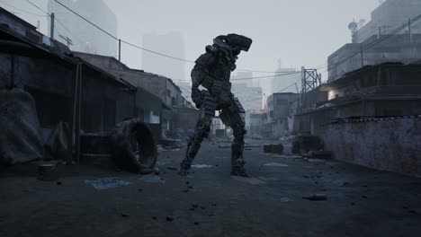 a cyber soldier prepares to tour the slums in the old city district. the old district of the city and abandoned shacks in a foggy city. the animation is perfect for apocalyptic and sci-fi backgrounds.