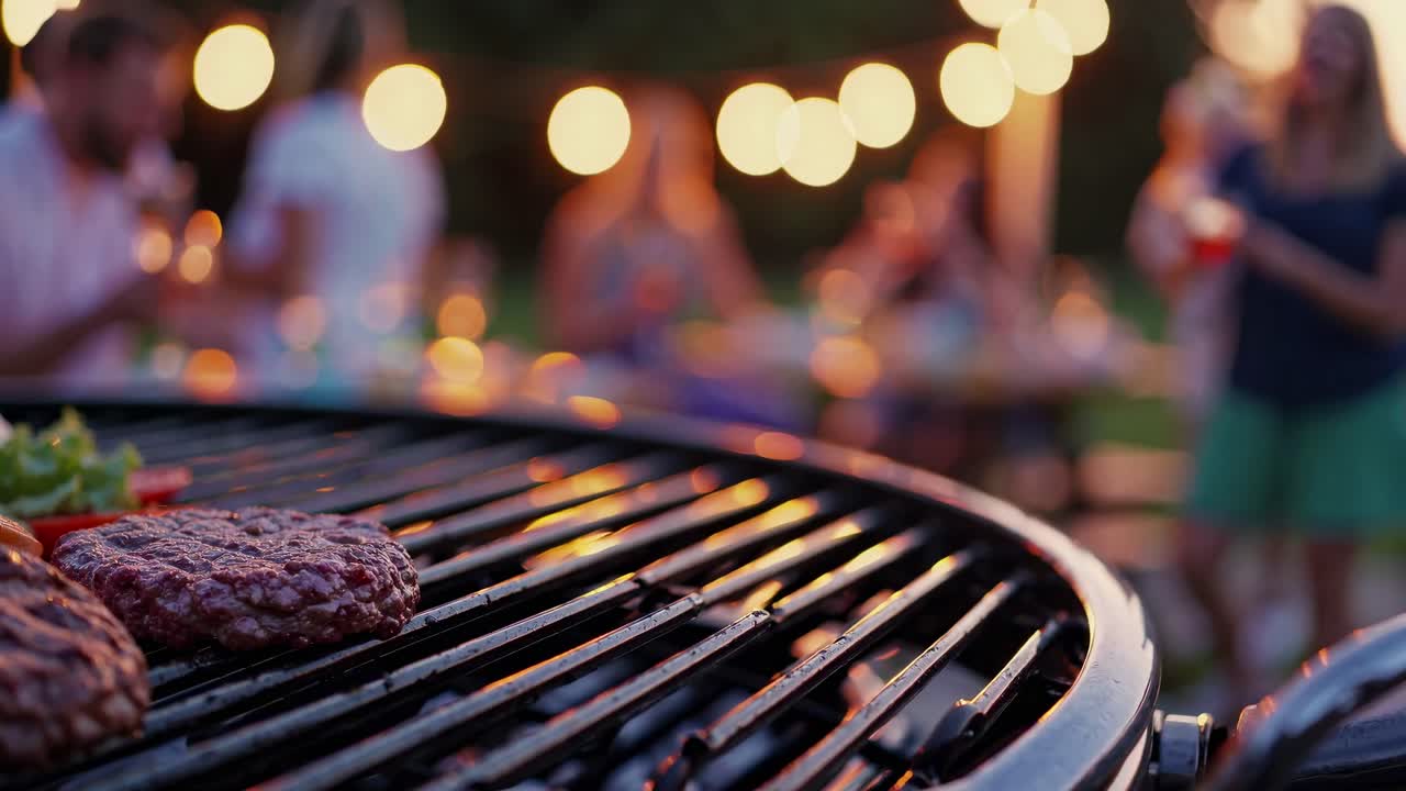 Primo piano di una griglia con hamburger, persone sfocate sullo sfondo che si godono una festa