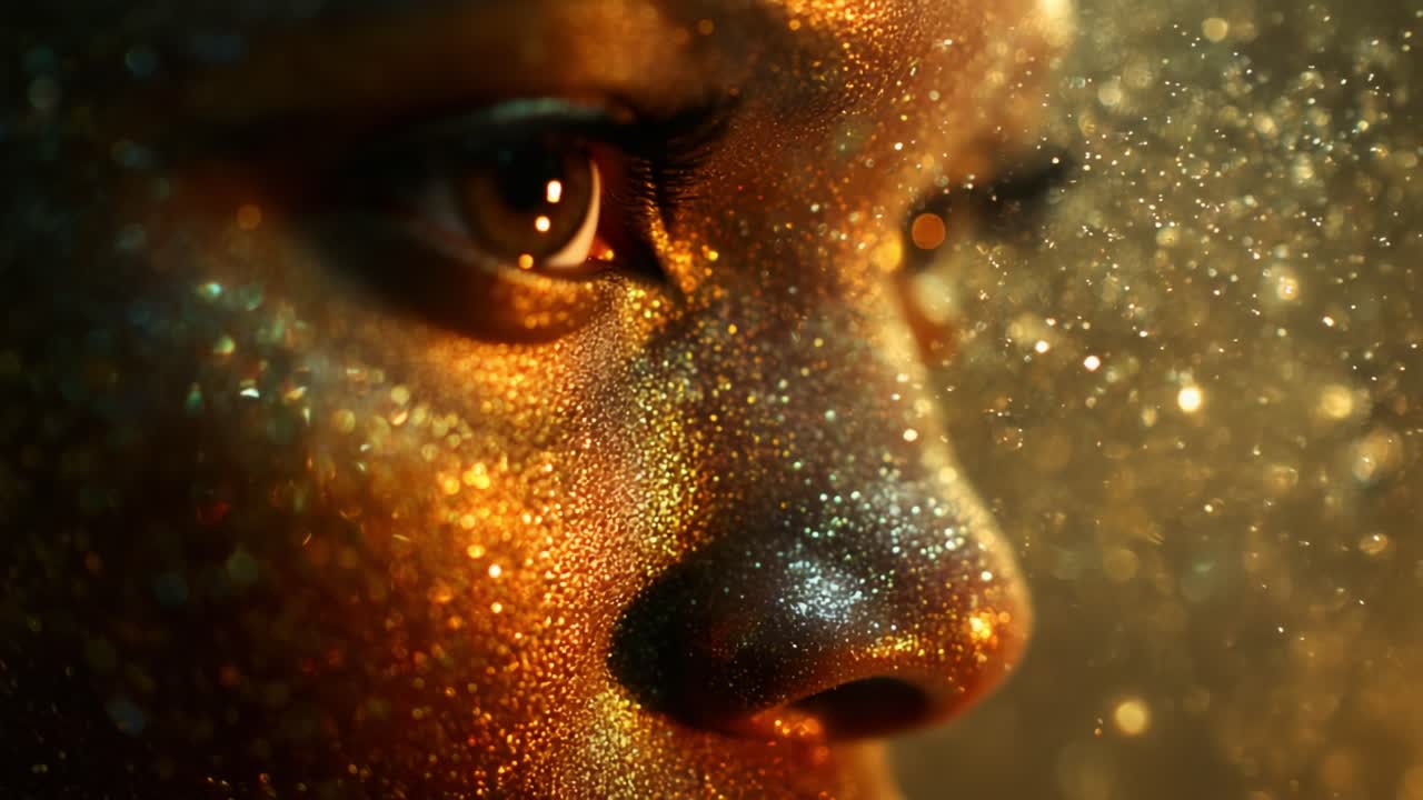 A Stunning Portrait of a Glittering Face Illuminated by Ethereal Light, Capturing the Essence of Beauty and Reflection in a Sparkling, Dreamlike Atmosphere Full of Color and Radiance