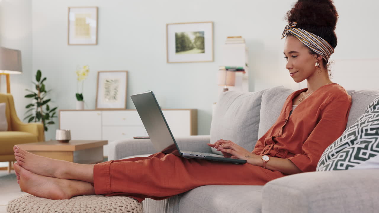 Relax, laptop and search with woman in living room