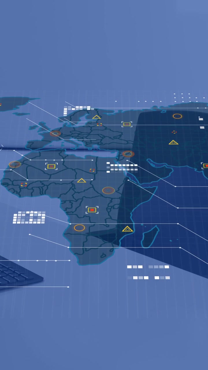 Animation of data processing and world map over desk with computer
