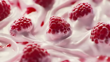 Close-up of raspberries embedded in creamy white ice cream. The smooth texture is highlighted with swirls and glossy details, adding a rich visual appeal.