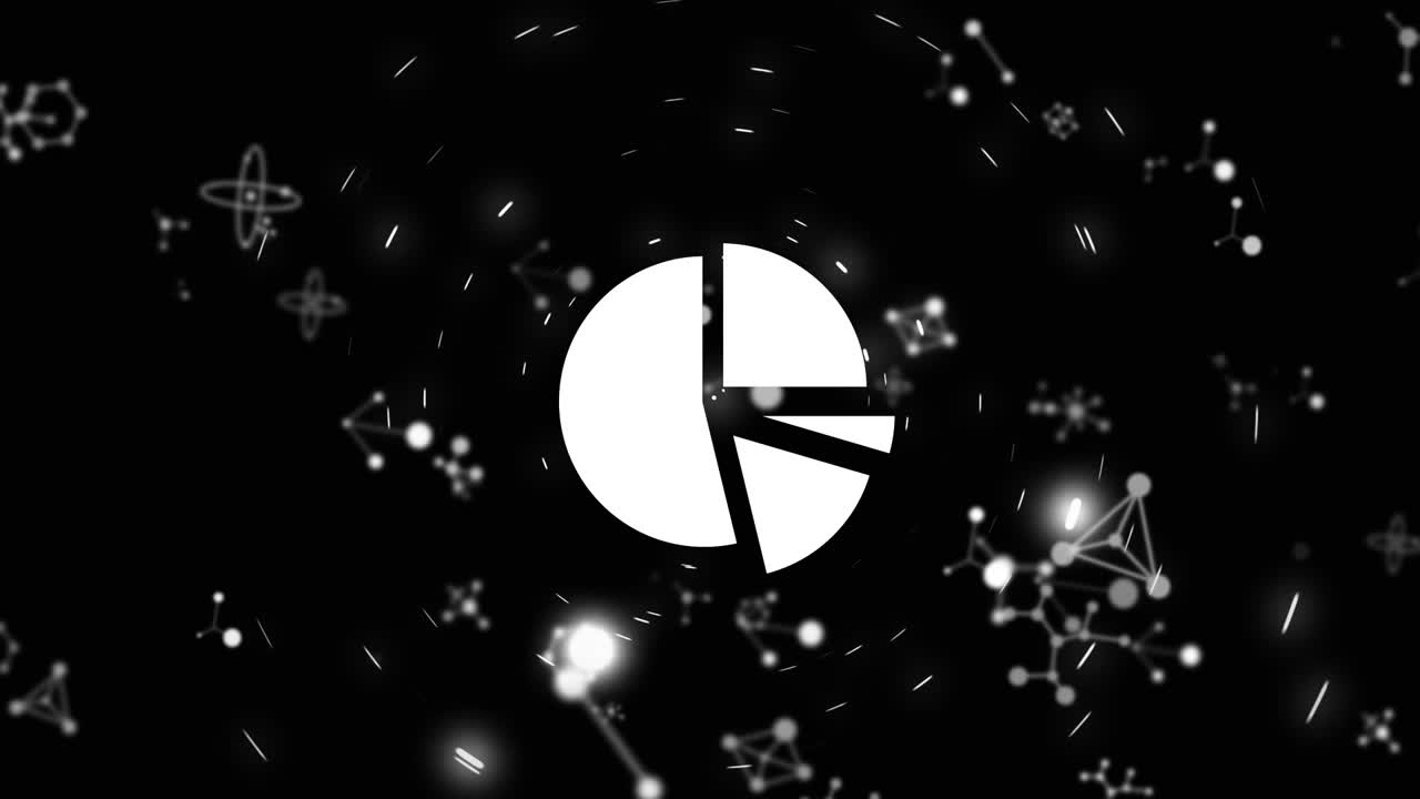 Animation of pie graph over spinning light trails and molecular structures against black background