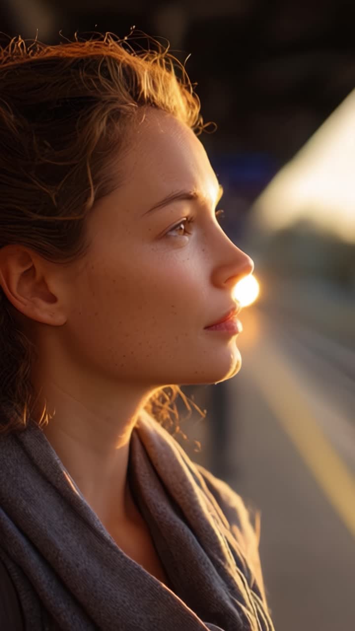 A pensive young woman gazes into the distance at a train station, illuminated by sunset light, capturing a moment of introspection and serenity