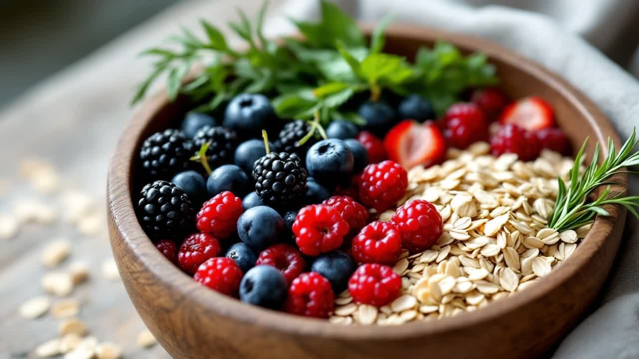 Fresh berries including blackberries, blueberries, and raspberries are arranged in a wooden bowl with oats and green herbs, creating a vibrant and healthy food composition on textured fabric