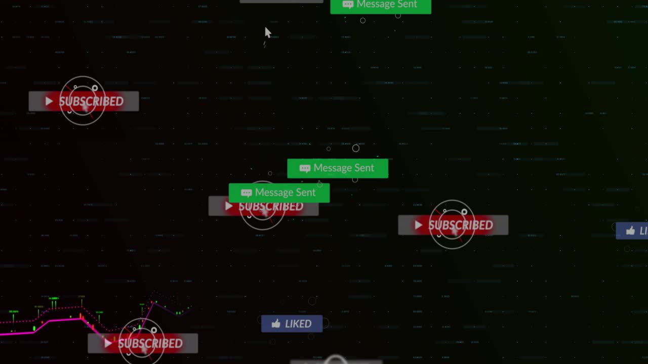 Cursor appearing low center, UI icons floating, badges attaching to neon chart showing analytics