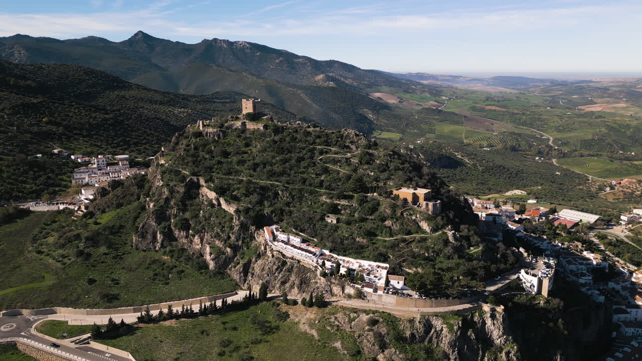 Aerial over Zahara de la Sierra, beautiful Spanish castle in Andalusia. Province of Cadiz.