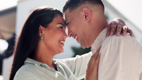 smile, couple and forehead touch outdoor for love