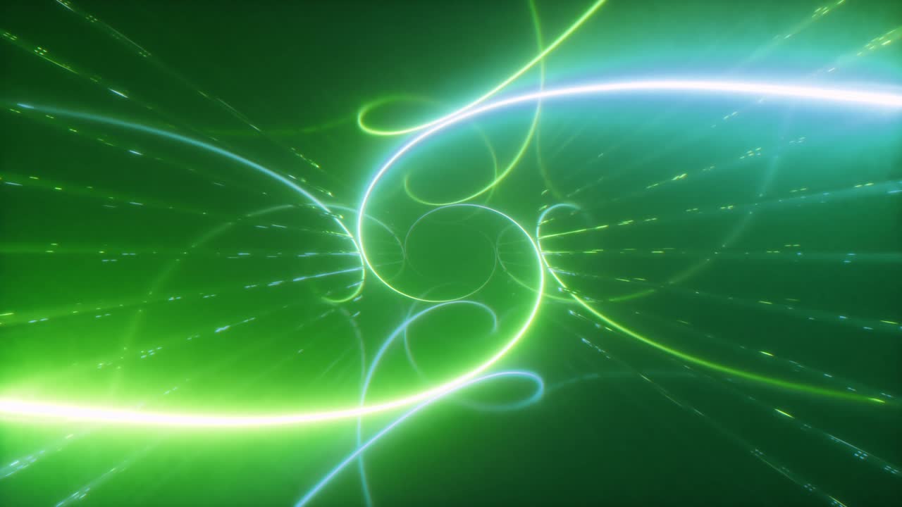 빛나는 레이저 나선형으로 미래의 복도에서 추상적인 다채로운 비행, 원활한 루프, 4k 배경, 형광 빛, 기하학적 무한 터널, 녹색, 3d 렌더링