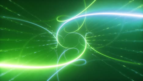 abstract colorful flight in a futuristic corridor with a glowing laser spiral, seamless loop 4k background, fluorescent light, geometric infinite tunnel, green color, 3d render