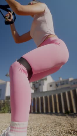 woman doing outdoor leg workout with resistance bands