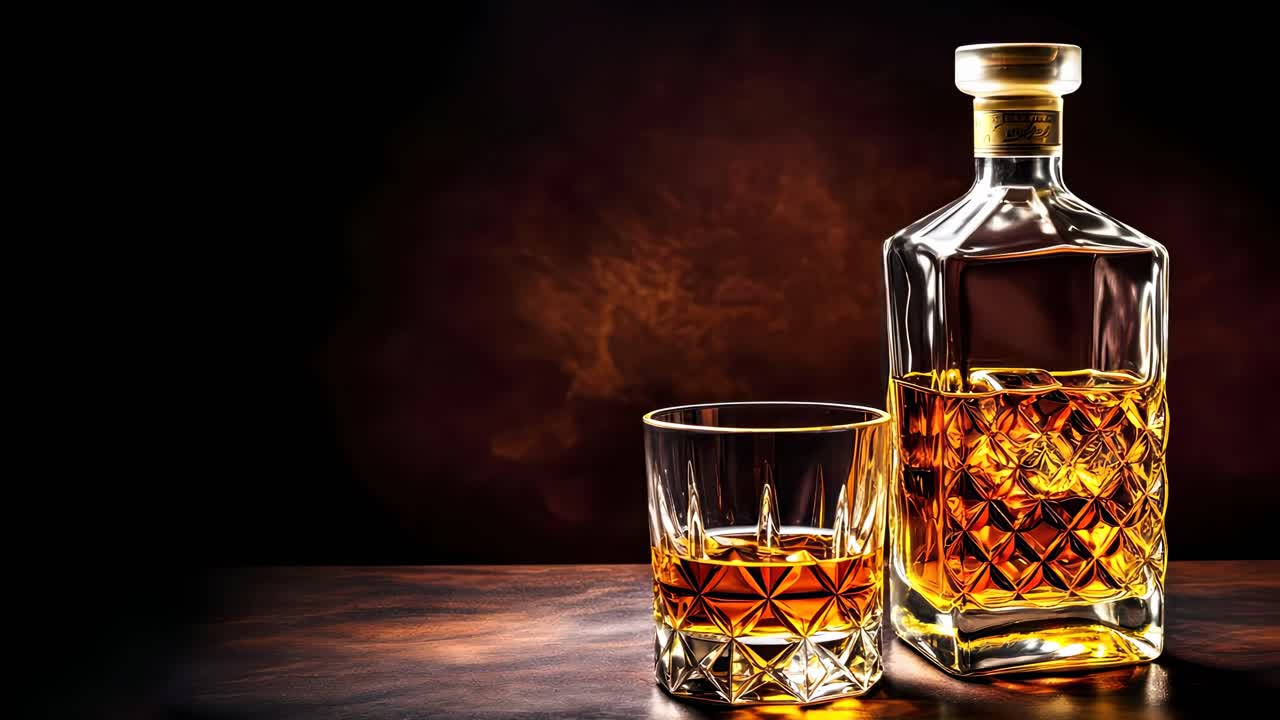 Close-up video of two crystal glasses filled with amber liquid, shot at eye level