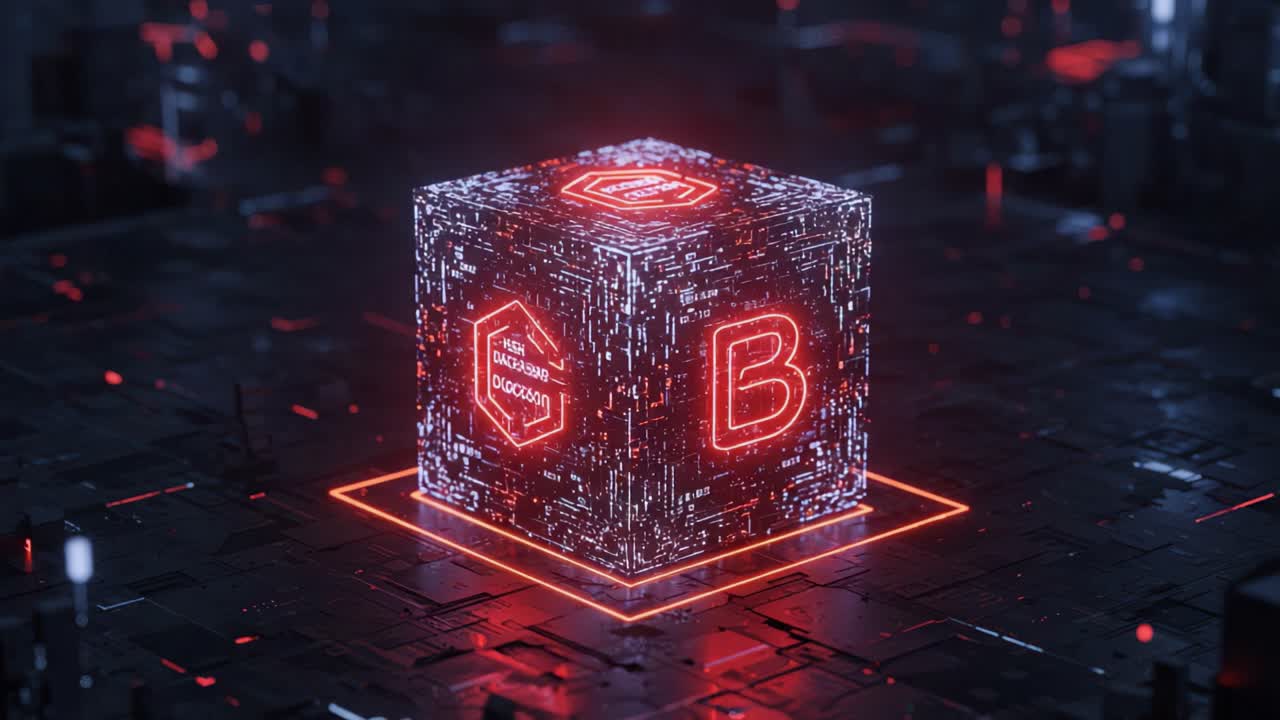 A Captivating 3D Render of a Glowing Cube in a Futuristic Digital Environment, Illuminated with Neon Red Elements Possessing Complex Patterns and Textures