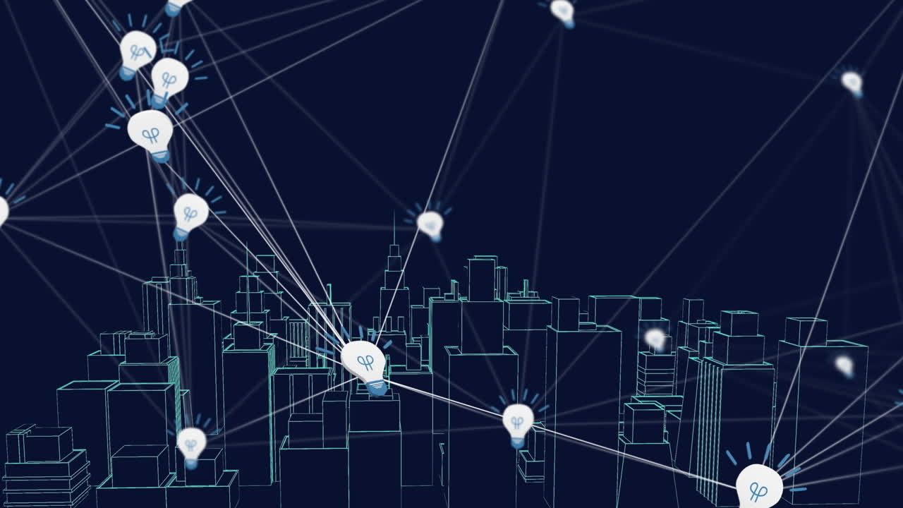 Animation of digital city over network of connections on black background
