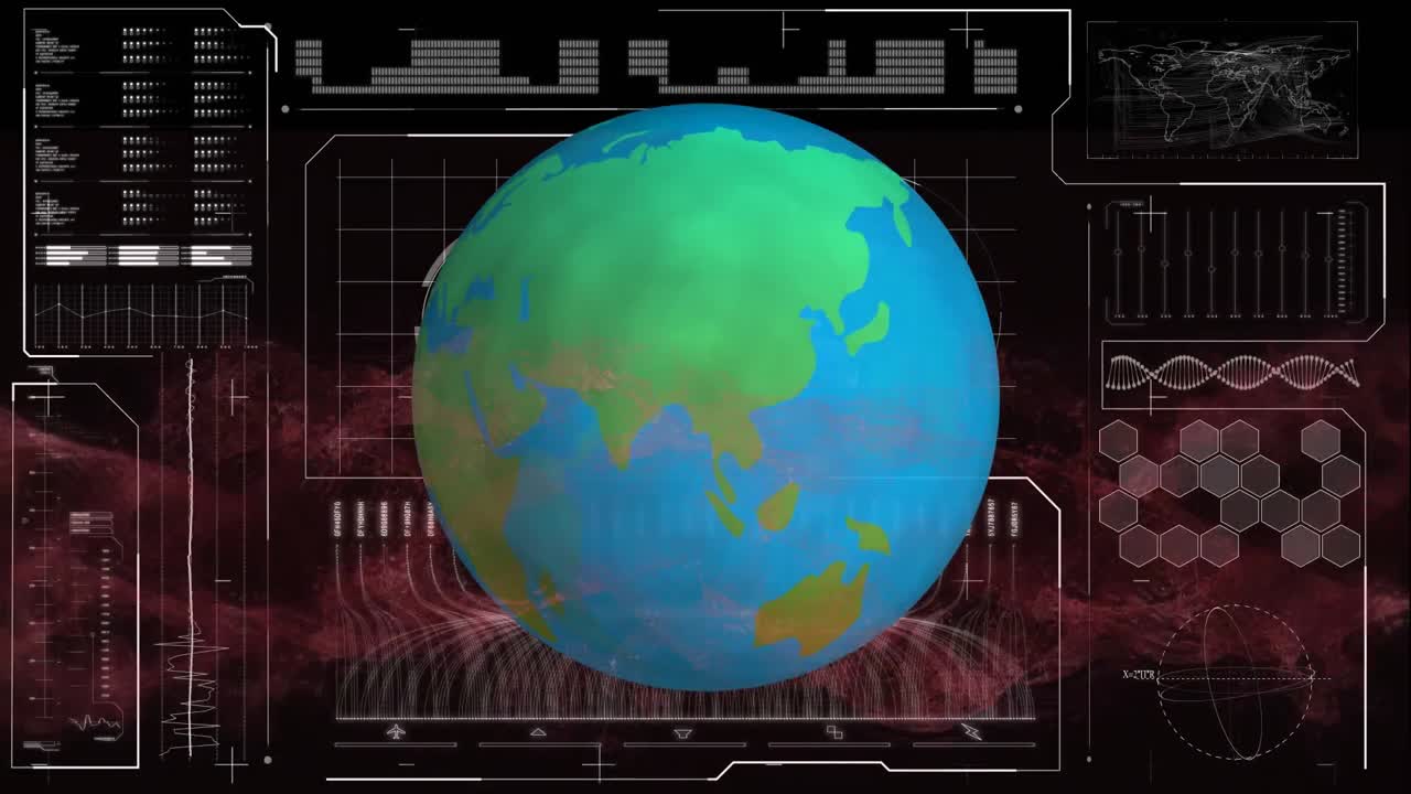 animación del giro del globo y de la hebra de adn con procesamiento de datos en pantalla