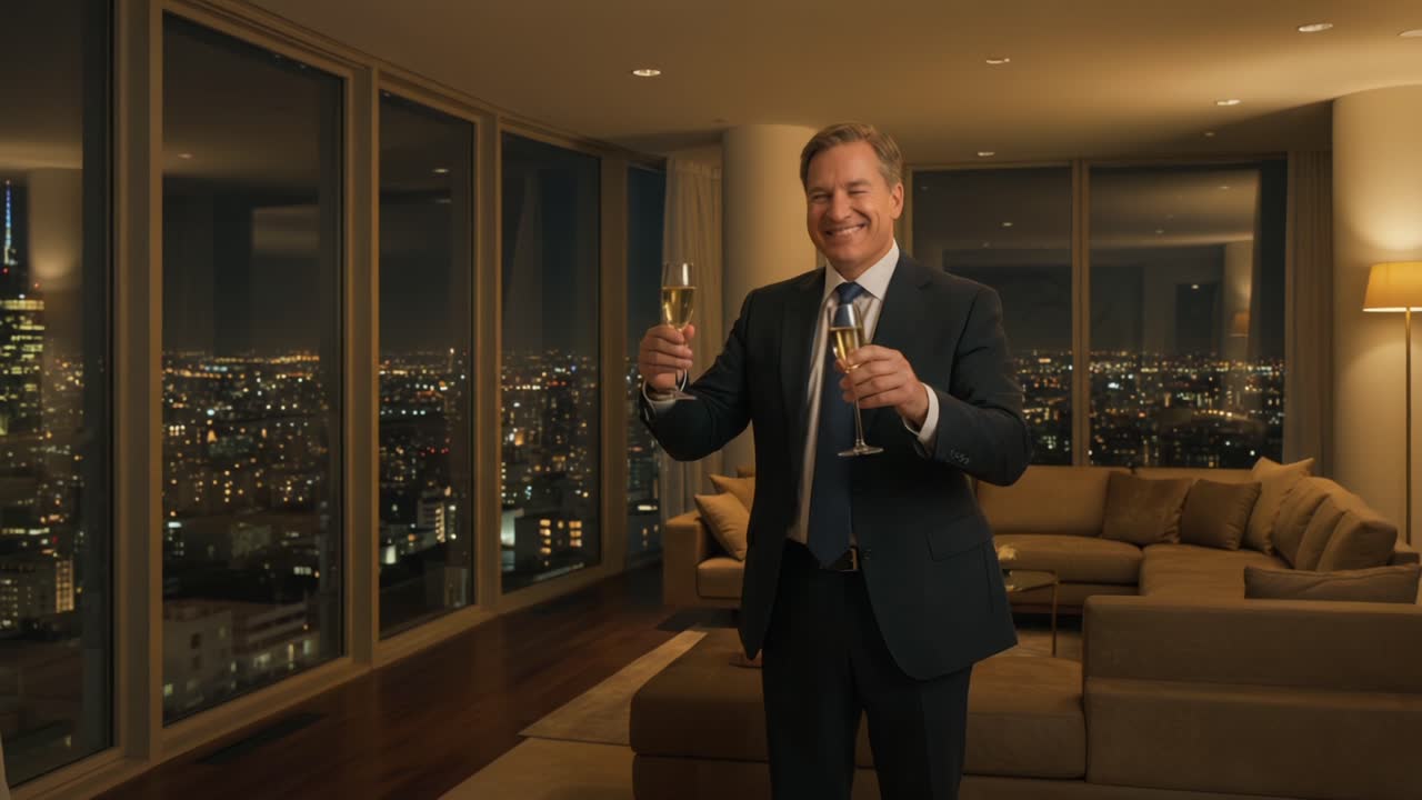 A Joyful Celebration in a Luxurious Penthouse with Stunning City Views, Featuring a Man Toasting with Two Glasses of Champagne in a Stylish Suit