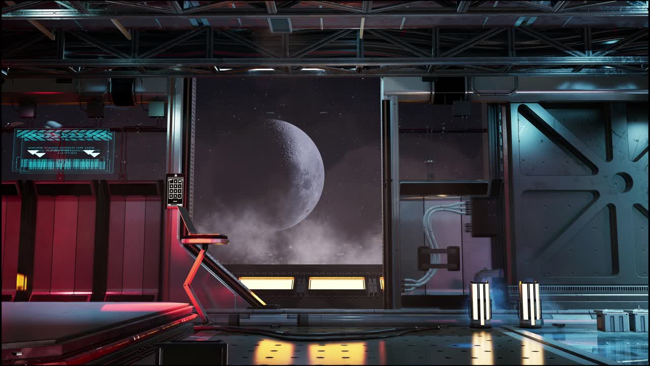 corredor espacial futurista con una vista de la luna. animación 3d