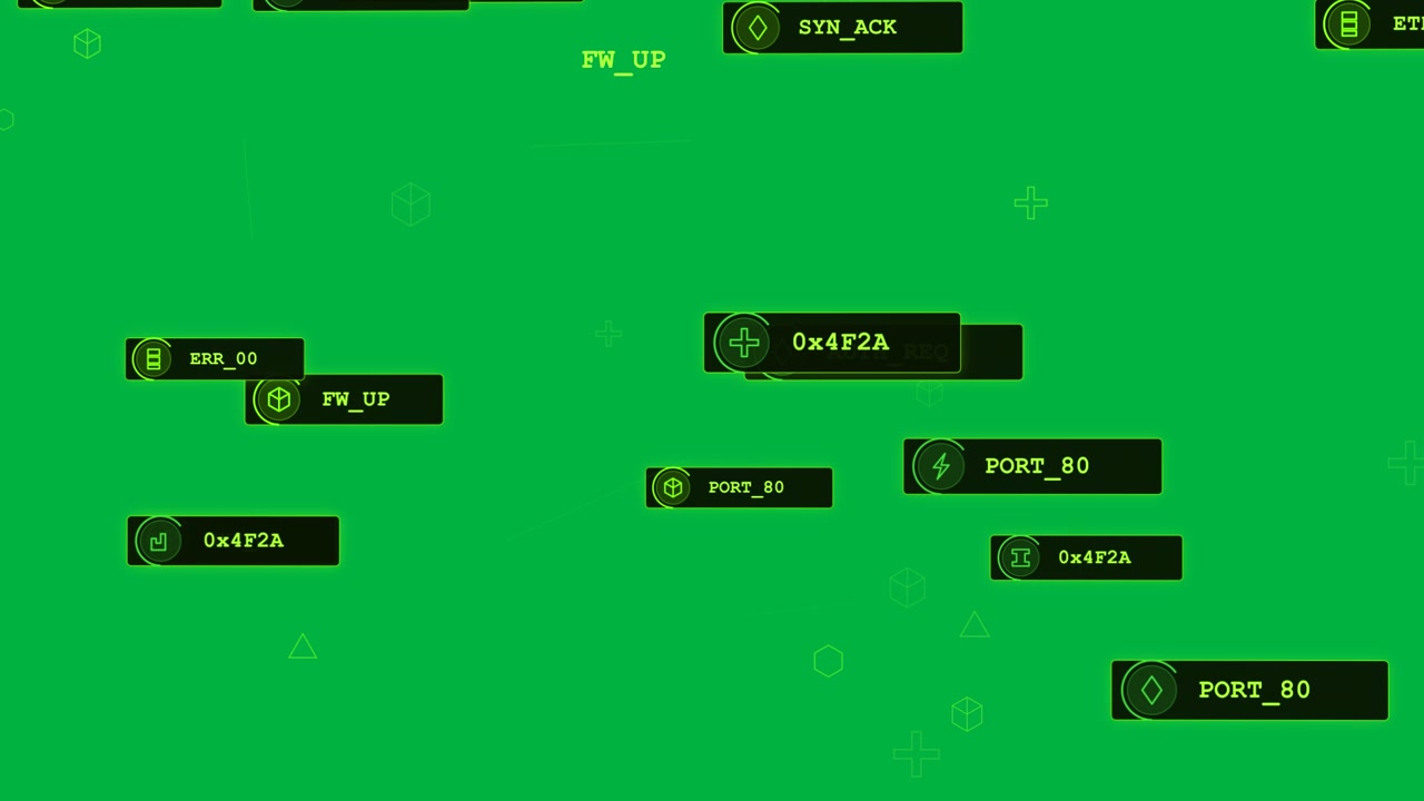 On activation neon HUD labels drifting and clustering to map network flow on transparent canvas