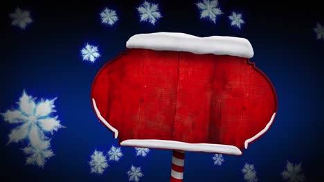 Digital-animation-of-red-sign-post-covered-in-snow-against-snow-flakes-moving-on-blue-background