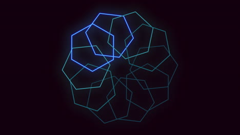 neon hexagons pattern in circle on black gradient