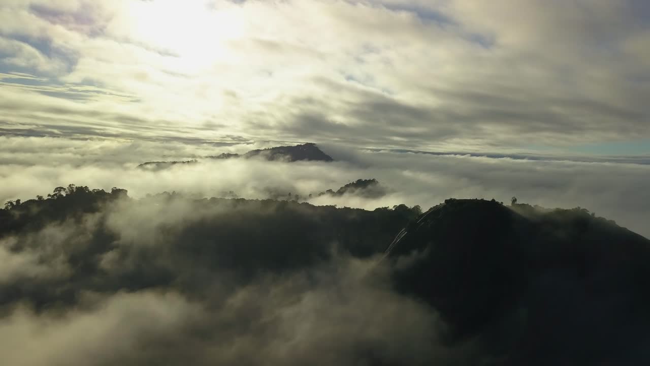 안개 낀 수리남 열대우림 위로 솟아오른 볼츠베르크 산, 조감도