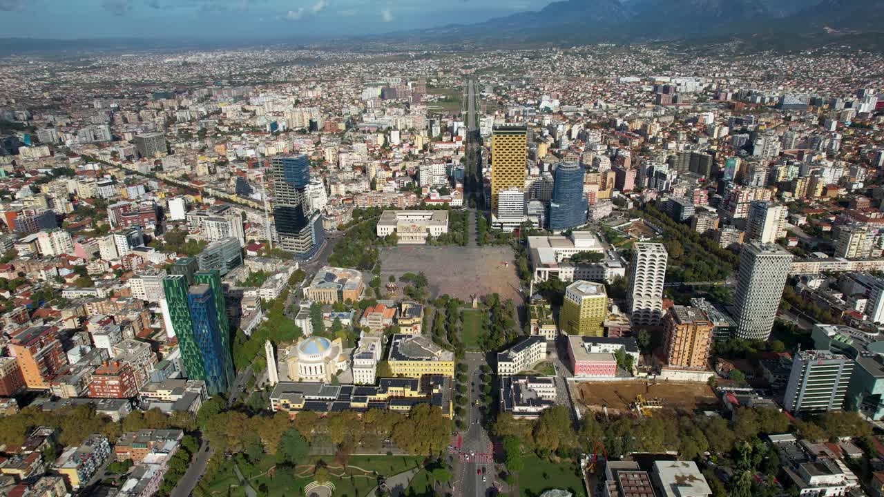 Panoramic Aerial View Capture the Vibrancy of Tirana's Capital, Showcasing Center, Buildings, Streets, and Charming Neighborhoods