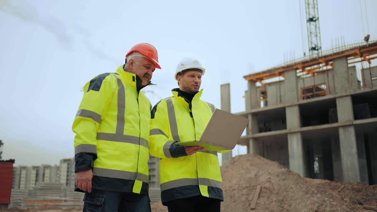 los ingenieros civiles están inspeccionando un nuevo objeto en el área de construcción de un complejo residencial moderno
