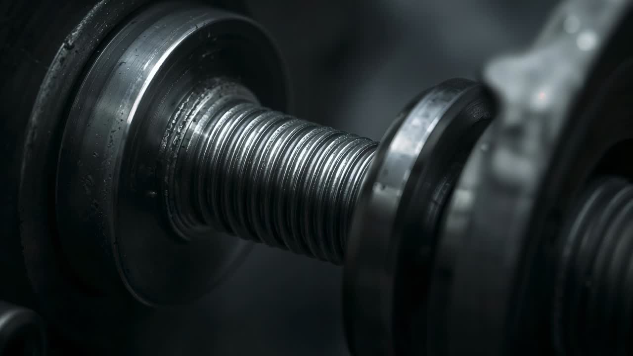 Camera focusing threaded shaft with flange and collars in workshop for inspection, revealing grease