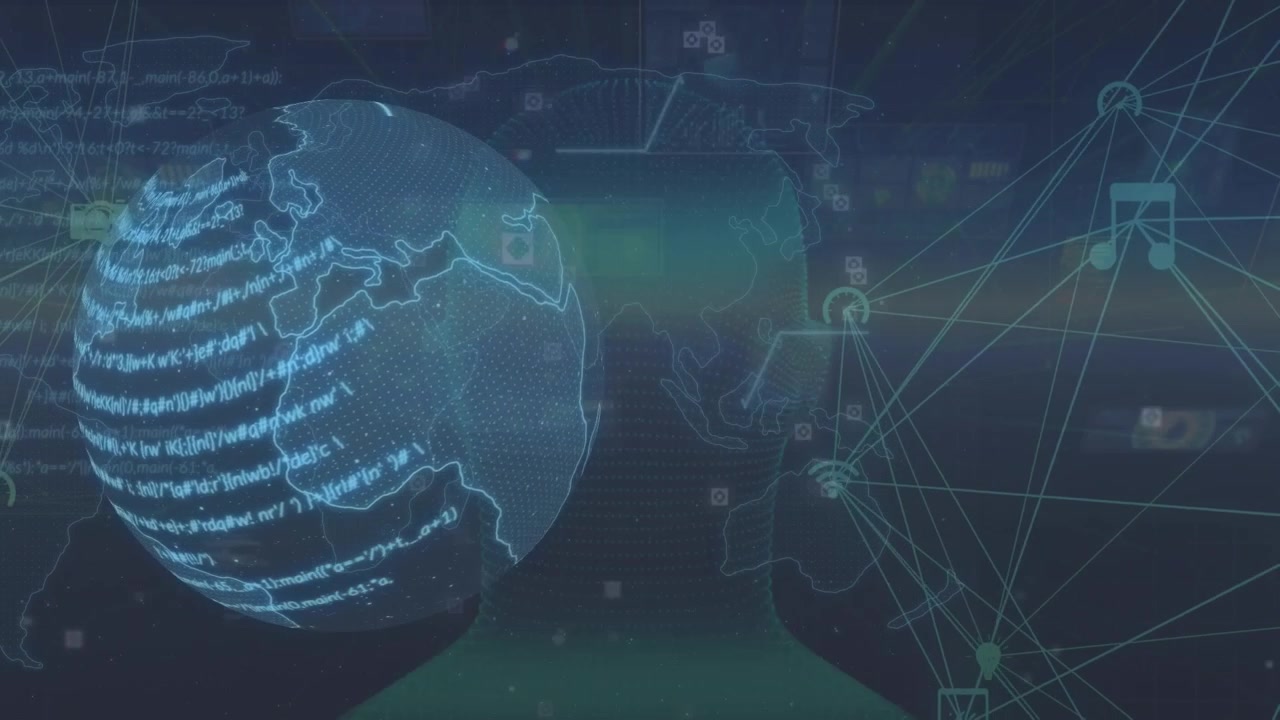 Animation of network connecting dots, globe with coding data processing on digital interface