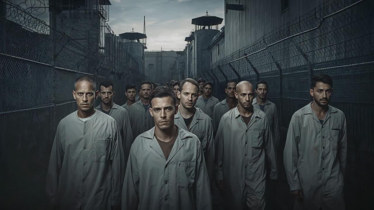 Walking central group of male inmates advancing down corridor with barbed wire, wearing gray shirts