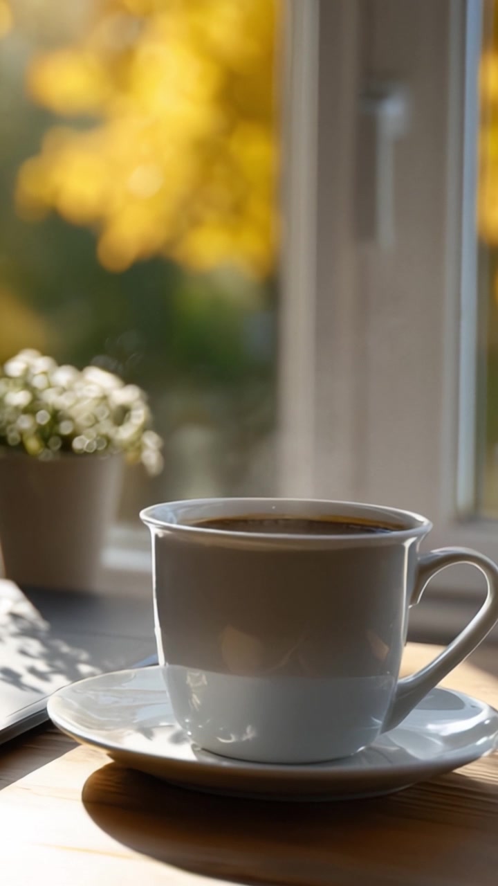 En fredfyldt morgen med en kop friskbrygget kaffe ved vinduet omgivet af naturens gyldne skær, perfekt til afslapning og eftertanke