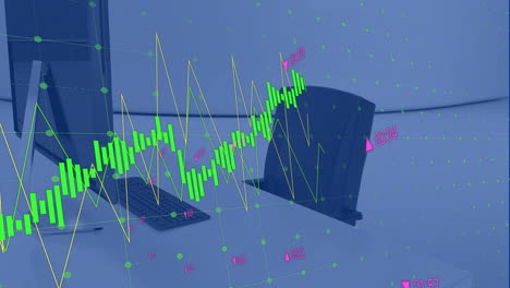 animación del procesamiento de datos financieros en una oficina vacía
