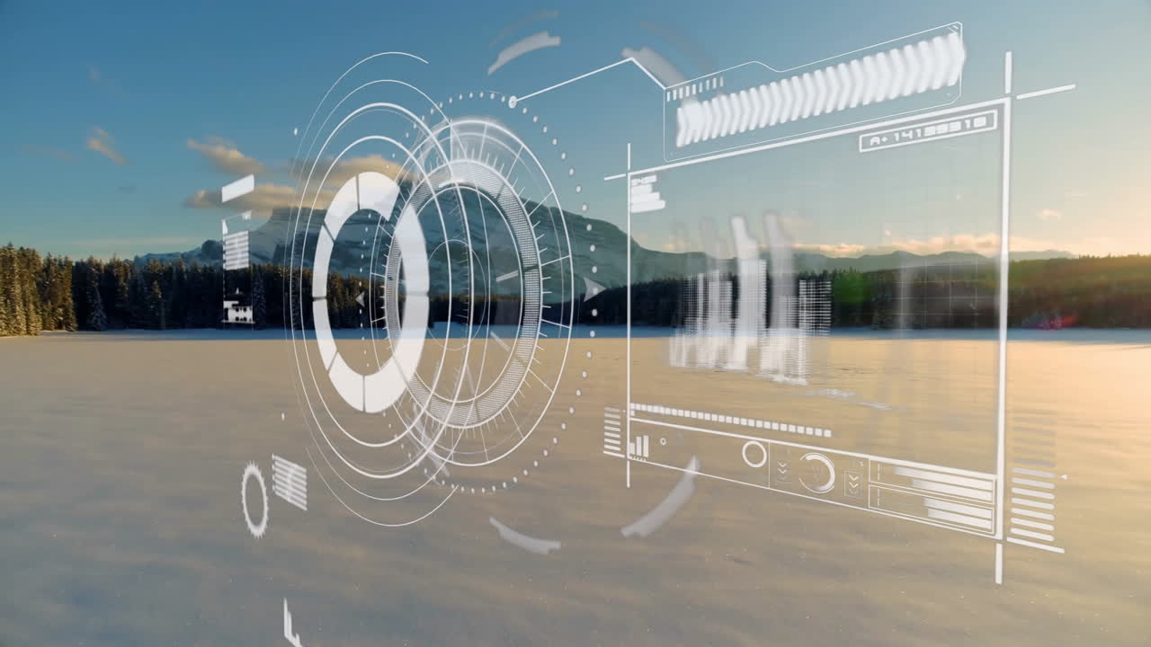 Digital interface animation overlaying snowy landscape with mountains in background