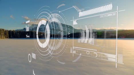 digital interface animation overlaying snowy landscape with mountains in background