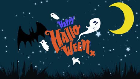 Animation-of-happy-halloween-text-over-bat-and-ghost-on-night-sky