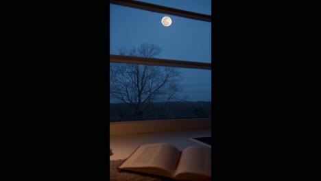 moonlight softly illuminating open book resting on windowsill, creating serene nocturnal atmosphere with gentle quiet and contemplative mood