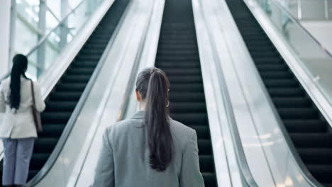 Business-woman,-walking-and-escalator-in-an-office