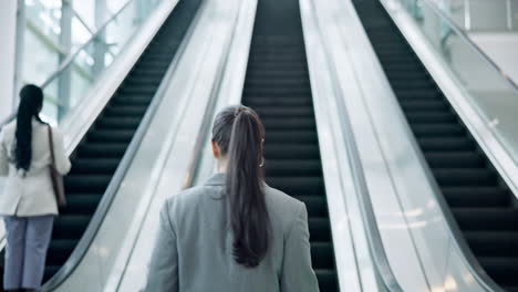 business woman, walking and escalator in an office